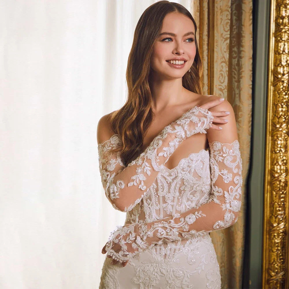 Riafu Off-Shoulder Lace Long-Sleeve Fishtail Gown with Mid-Waist Silhouette