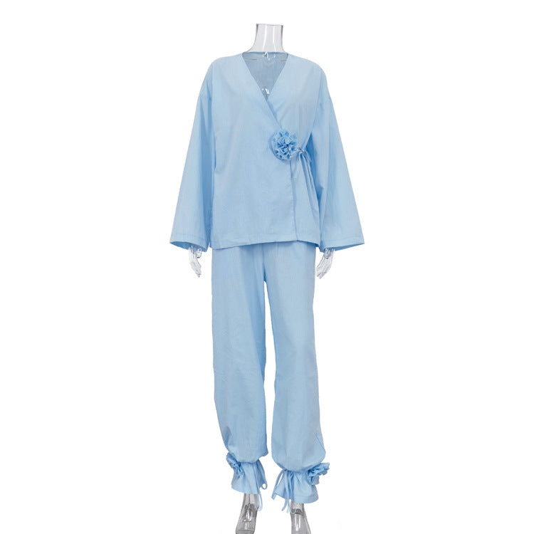 Riafu Floral V-Neck Long-Sleeve Wrap Top and Drawstring Wide-Leg Pants Set