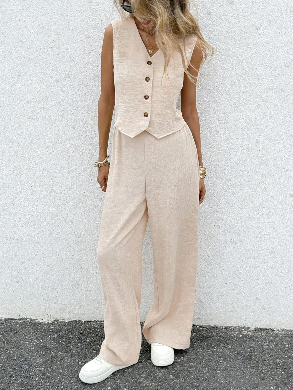 Riafu Women's Casual Front-Button Vest and Full-Length Trousers Two-Piece Set