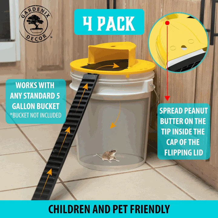 Riafu 4-Pack Bucket Lid Mouse Trap – Reusable Humane Auto-Reset Trap for Rats, Mice & Rodents – No Kill, No Poison