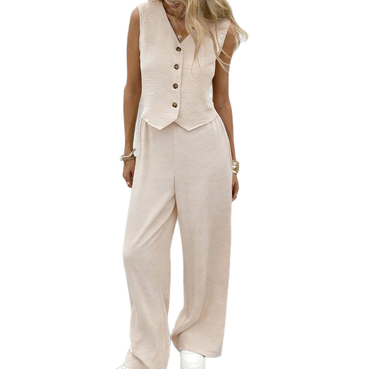 Riafu Women's Casual Front-Button Vest and Full-Length Trousers Two-Piece Set