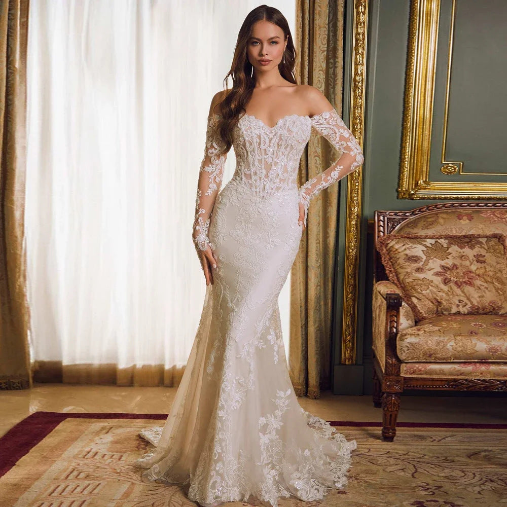 Riafu Off-Shoulder Lace Long-Sleeve Fishtail Gown with Mid-Waist Silhouette