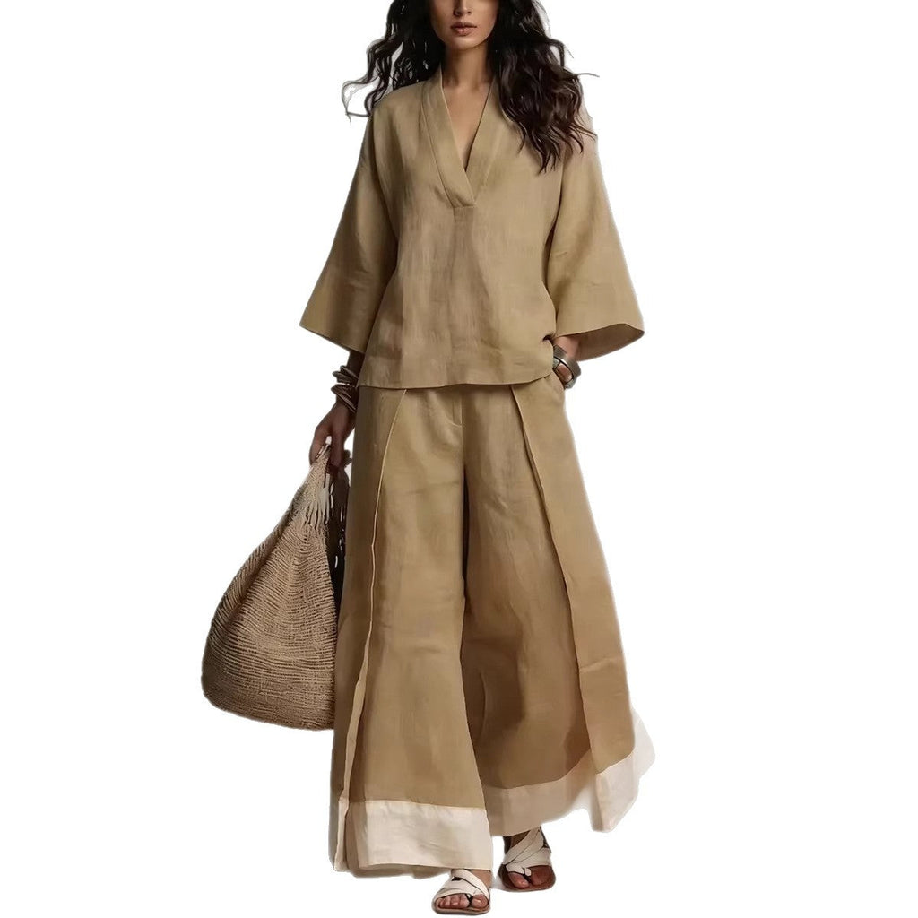 Riafu Women's Cotton-Linen V-Neck Three-Quarter Sleeve Shirt and Wide-Leg Pants Set