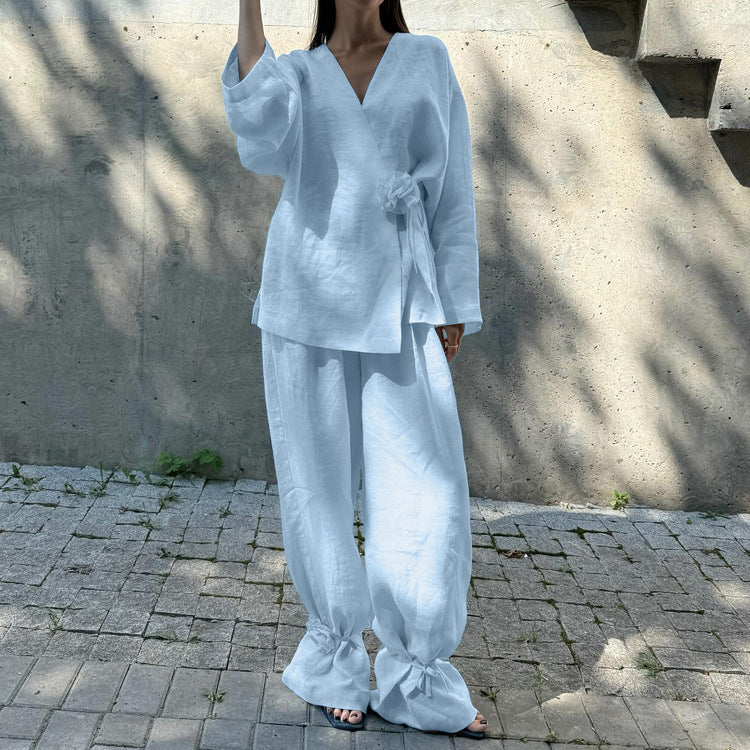 Riafu Floral V-Neck Long-Sleeve Wrap Top and Drawstring Wide-Leg Pants Set