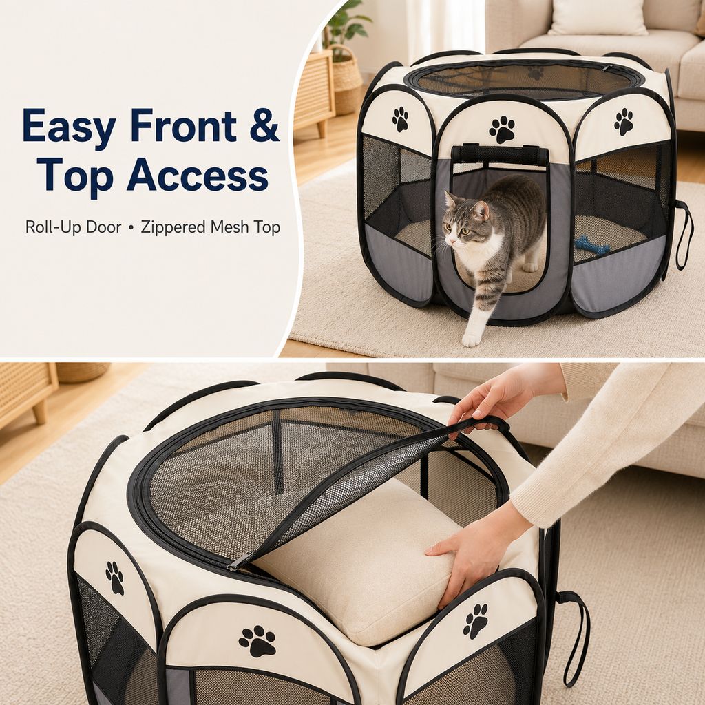 Portable Foldable Dog & Cat Playpen for Home, Travel & Camping - Breathable Space-Saving Pet Pen with Carry Bag