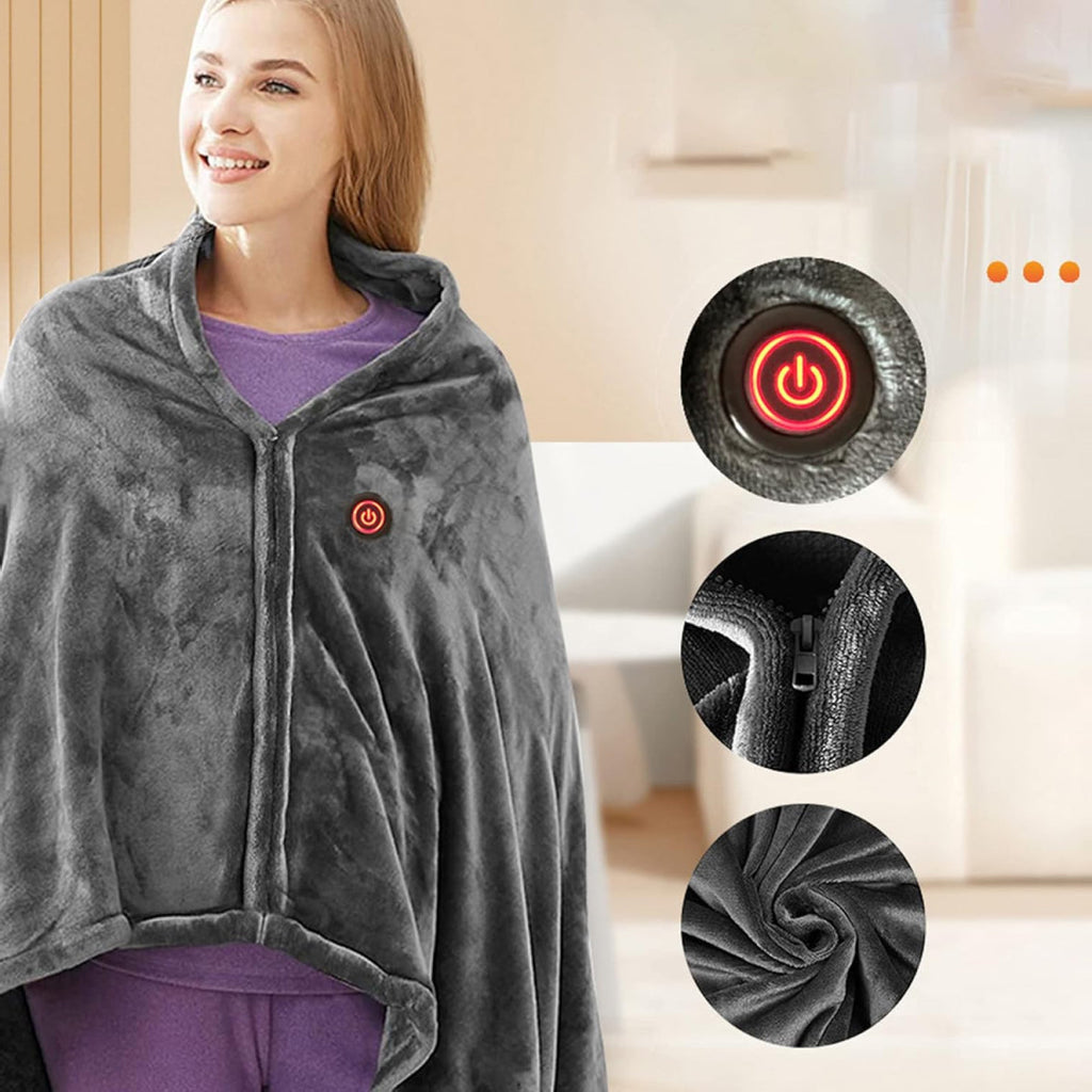 Portable Heated Shawl with Rapid Heating and Zipper Closure, Machine Washable