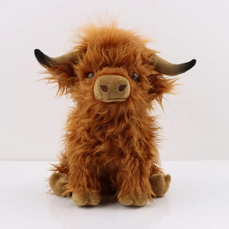 Highland Cow Stuffed Animal Plush Toy with Shaggy Fur and Embroidered Details