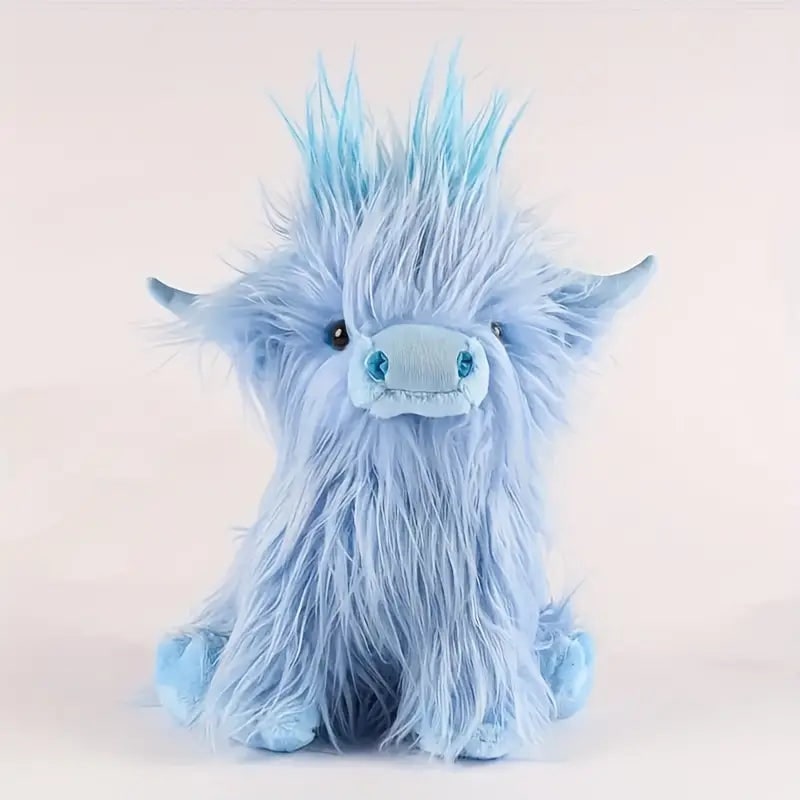 Highland Cow Stuffed Animal Plush Toy with Shaggy Fur and Embroidered Details