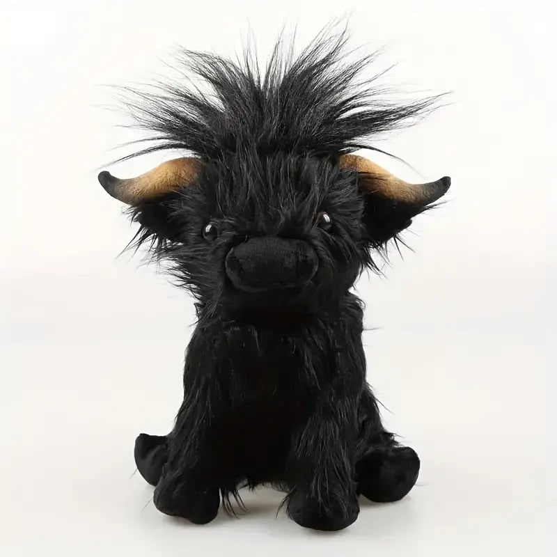 Highland Cow Stuffed Animal Plush Toy with Shaggy Fur and Embroidered Details