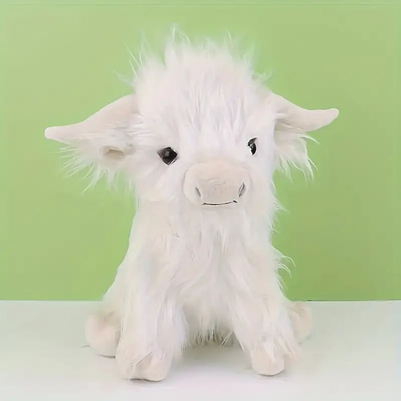 Highland Cow Stuffed Animal Plush Toy with Shaggy Fur and Embroidered Details