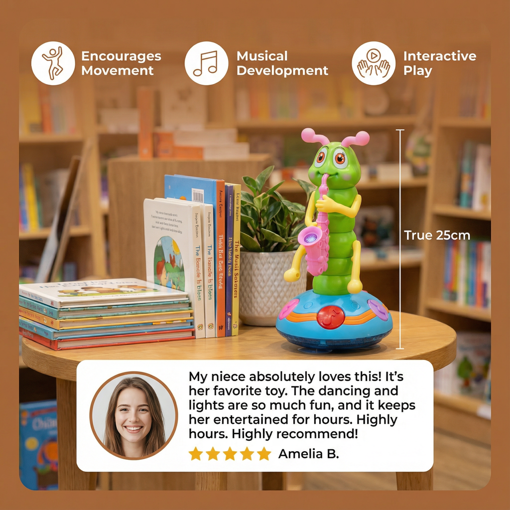 Dancing Saxophone Caterpillar Toy That Spins, Plays Tunes and Lights Up in Bright Colors