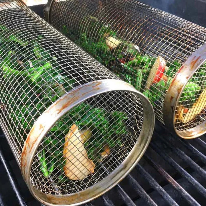 Riafu Rolling Barbecue Grill Basket – Locking Latch & Rotating Design for Grilled Veggies & Meat