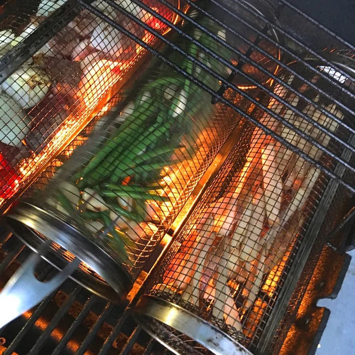 Riafu Rolling Barbecue Grill Basket – Locking Latch & Rotating Design for Grilled Veggies & Meat
