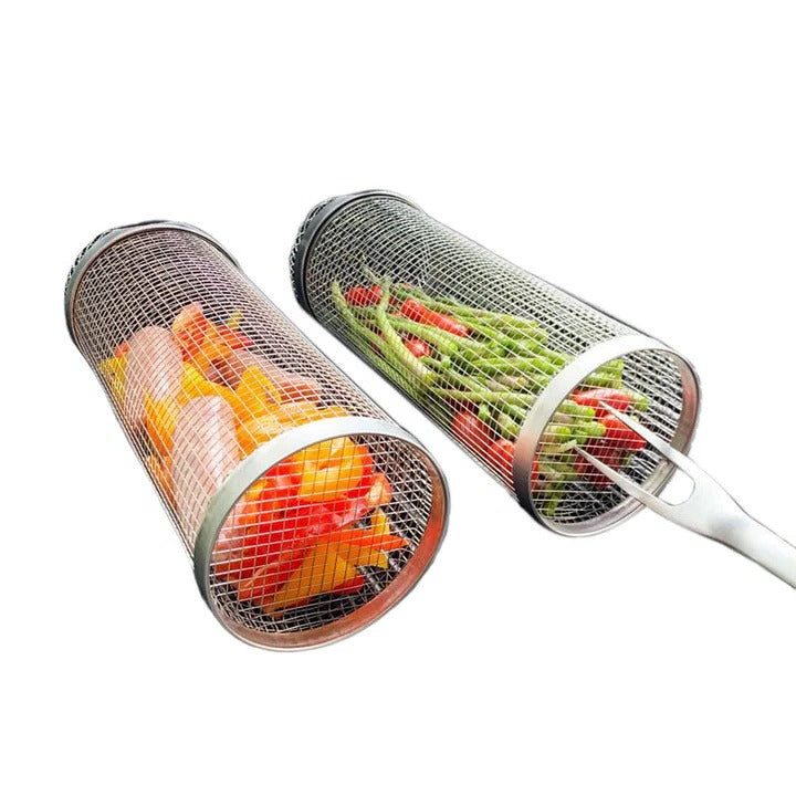 Riafu Rotating Rolling Barbecue Grill Basket With Locking Latch