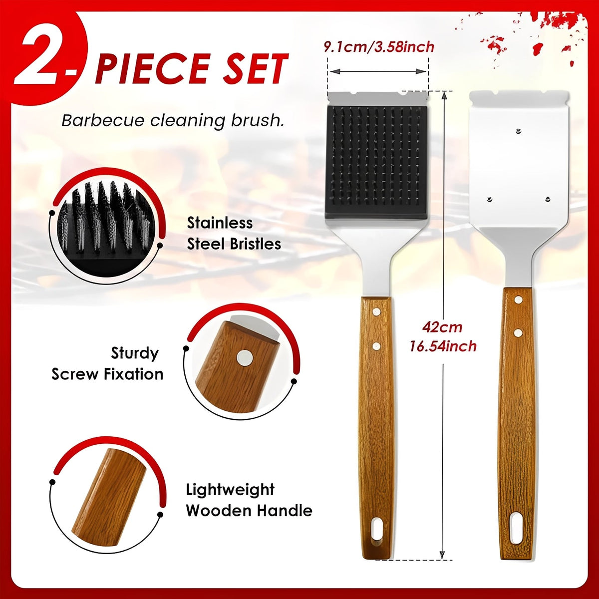 2-Pack BBQ Grill Brush with Long Handle and Integrated Scraper