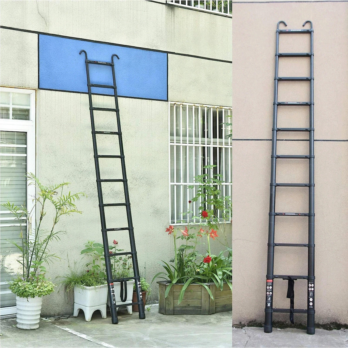 Riafu Telescoping Ladder Compact Extension Aluminum with 2 Detachable Roof Hooks