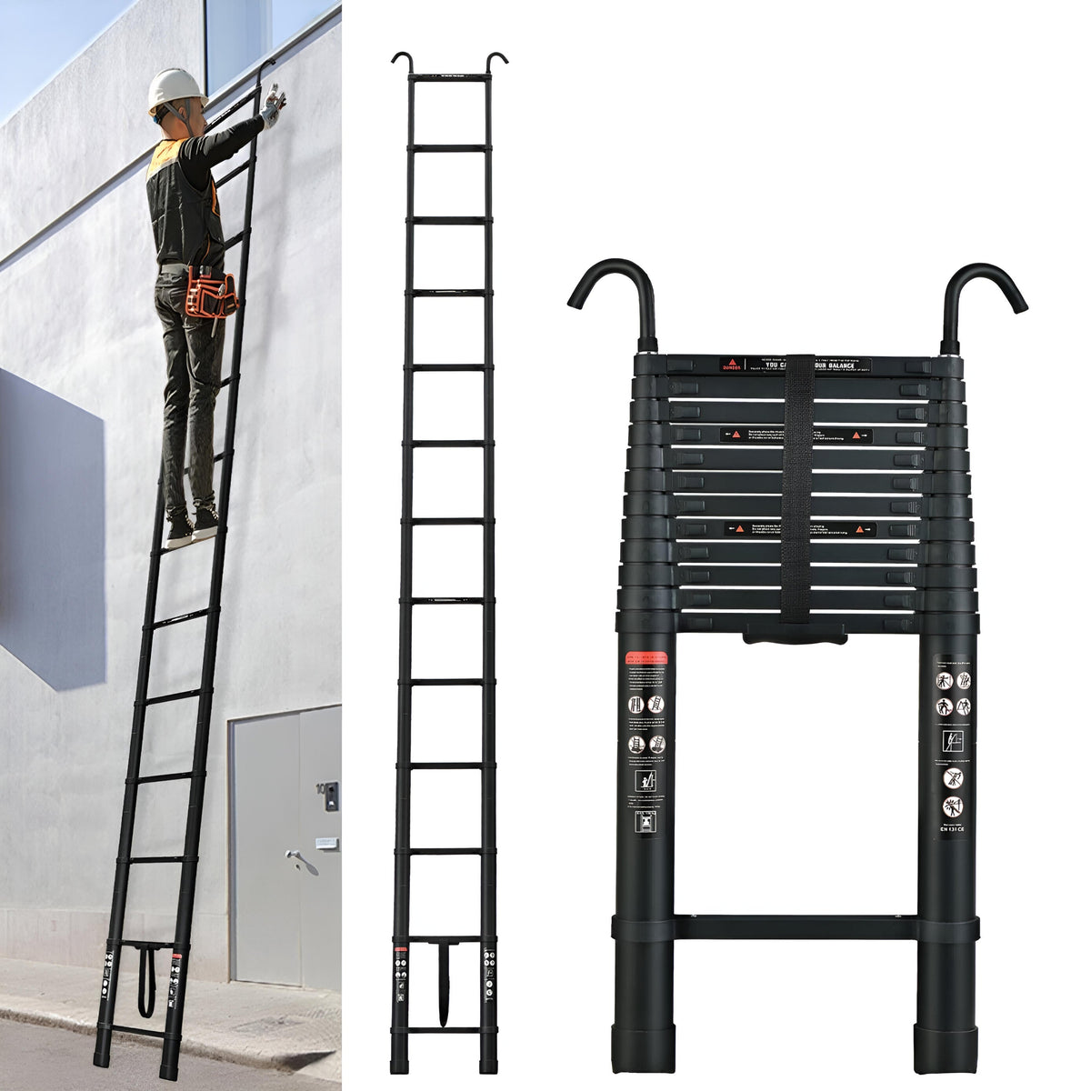 Riafu Telescoping Ladder Compact Extension Aluminum with 2 Detachable Roof Hooks