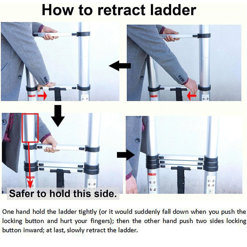 Riafu Telescoping Ladder Compact Extension Aluminum with 2 Detachable Roof Hooks