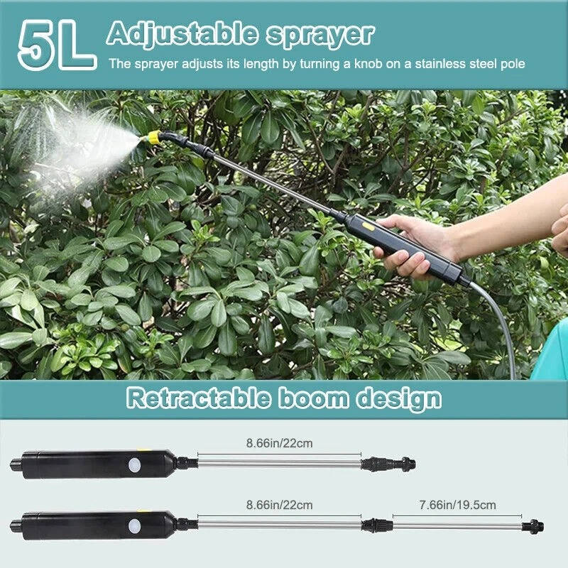 Riafu Rechargeable Electric Garden Sprayer 5L, Battery Powered Plant Sprayer with 3 Nozzles