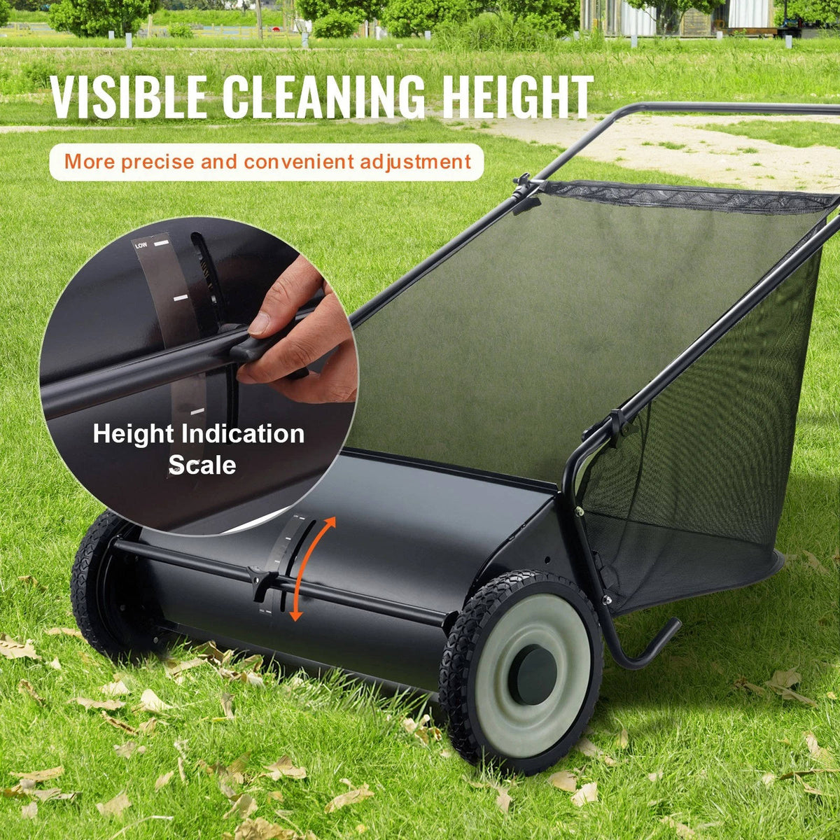 Riafu Push Lawn Sweeper 26 Inch 7 Cu Ft Leaf Collector with Adjustable Height Manual Grass Sweeper for Yard Garden