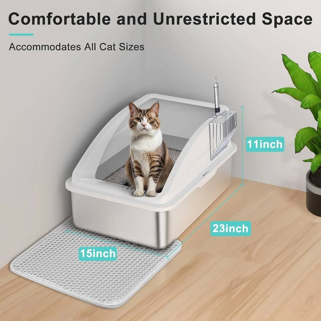 Riafu Stainless Steel Cat Litter Box, L Enclosed With Lid, Metal Scoop, Mat Included