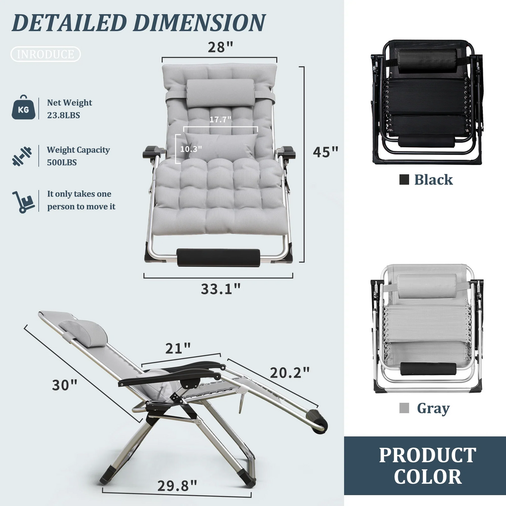 Riafu Outdoor Lounge Chair for Back Pain – Reclining Folding Chair, 500LB Support