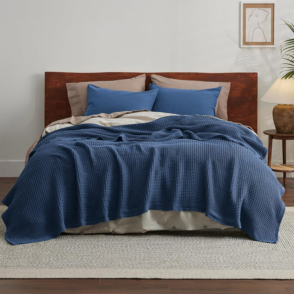 Riafu – 100% Cotton Queen Blanket with Cooling Waffle Weave | Soft & Breathable for Summer Comfort