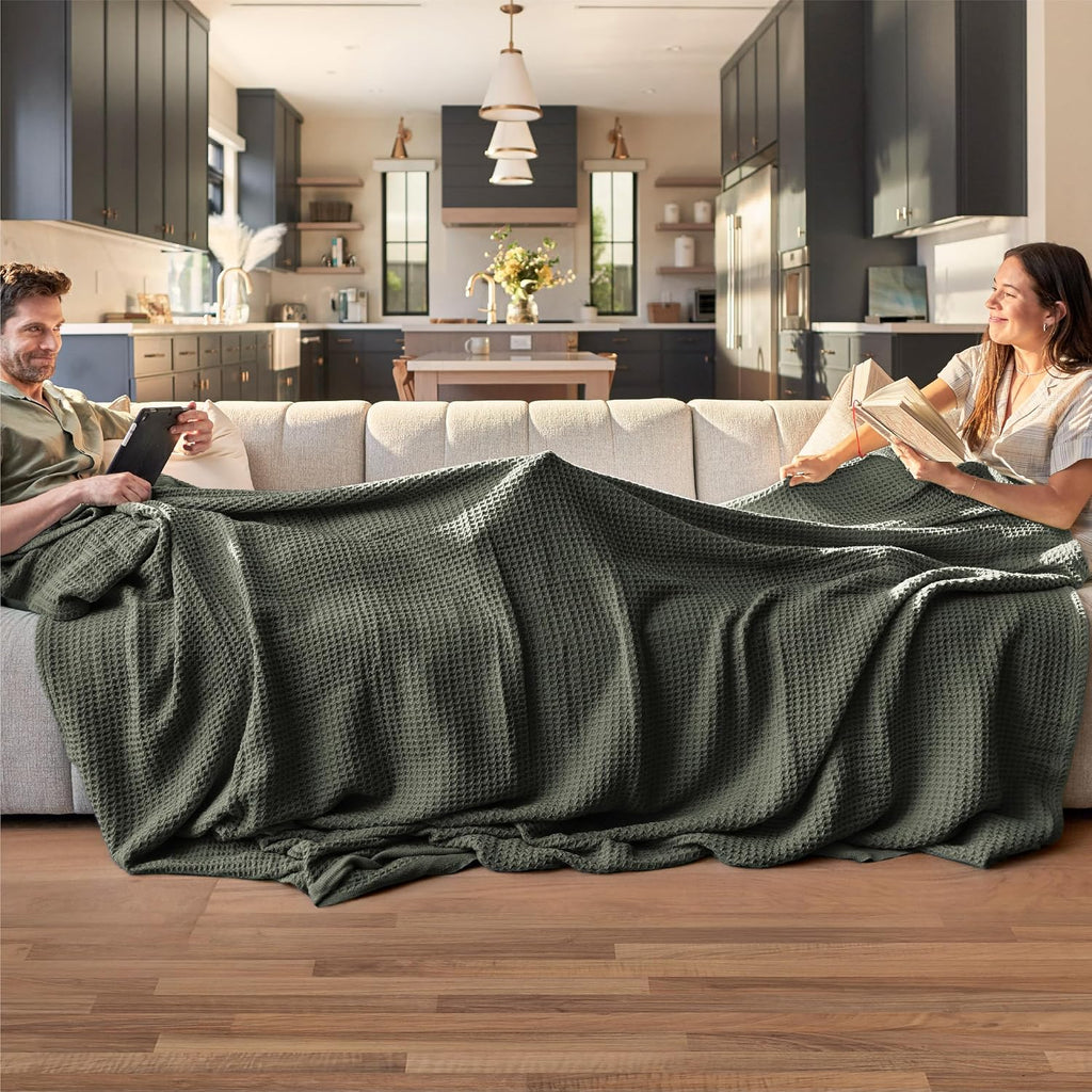 Riafu – 100% Cotton Queen Blanket with Cooling Waffle Weave | Soft & Breathable for Summer Comfort