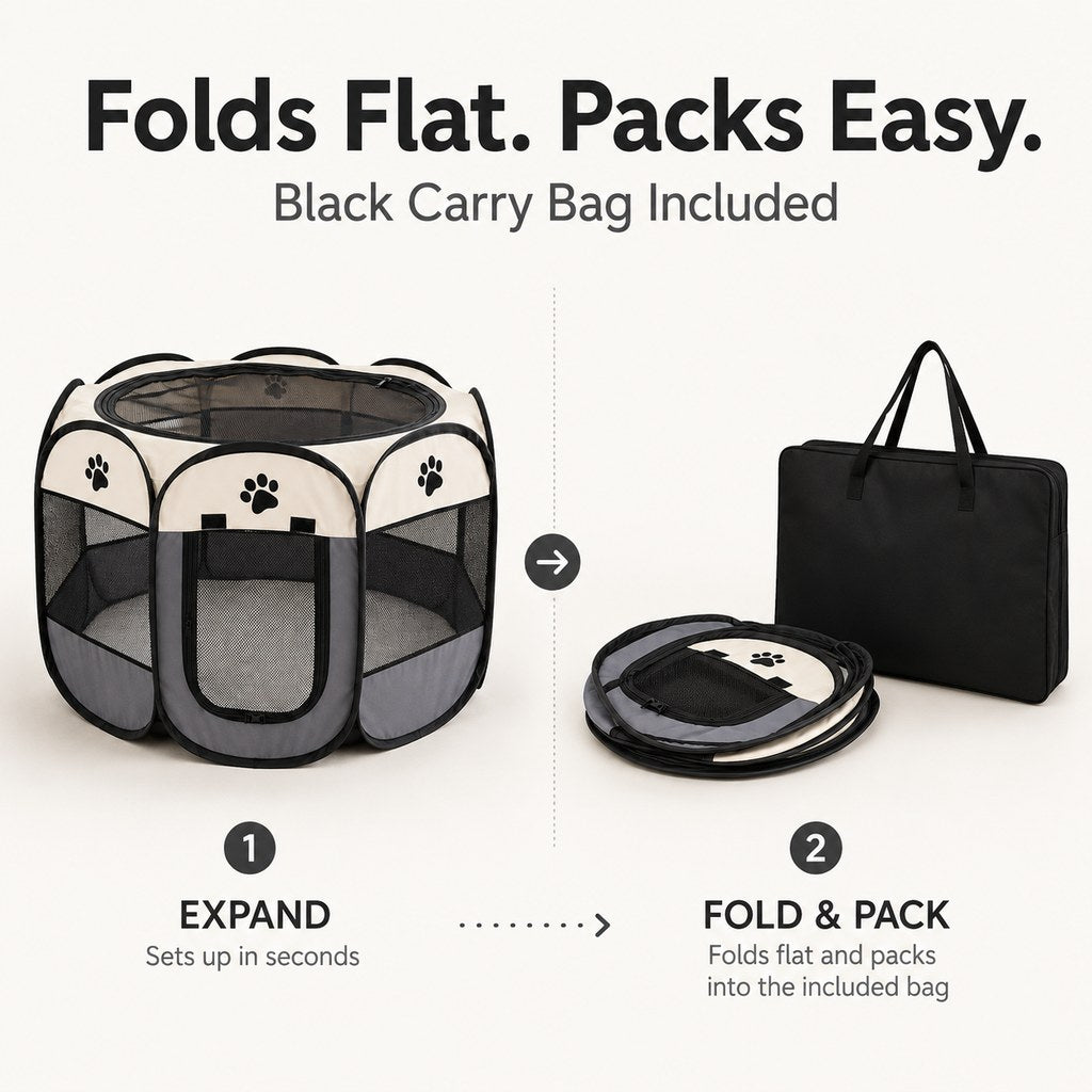 Portable Foldable Dog & Cat Playpen for Home, Travel & Camping - Breathable Space-Saving Pet Pen with Carry Bag