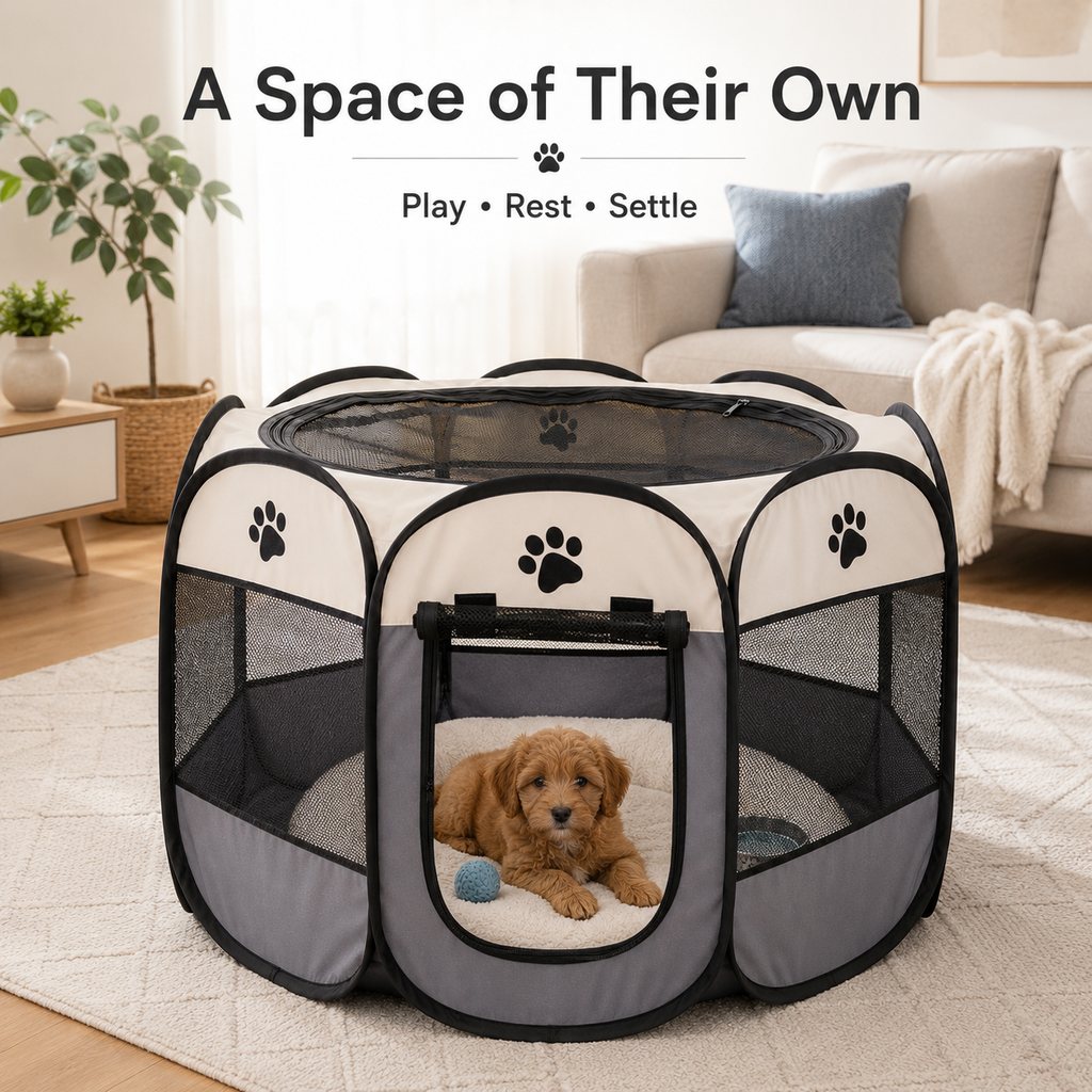 Portable Foldable Dog & Cat Playpen for Home, Travel & Camping - Breathable Space-Saving Pet Pen with Carry Bag