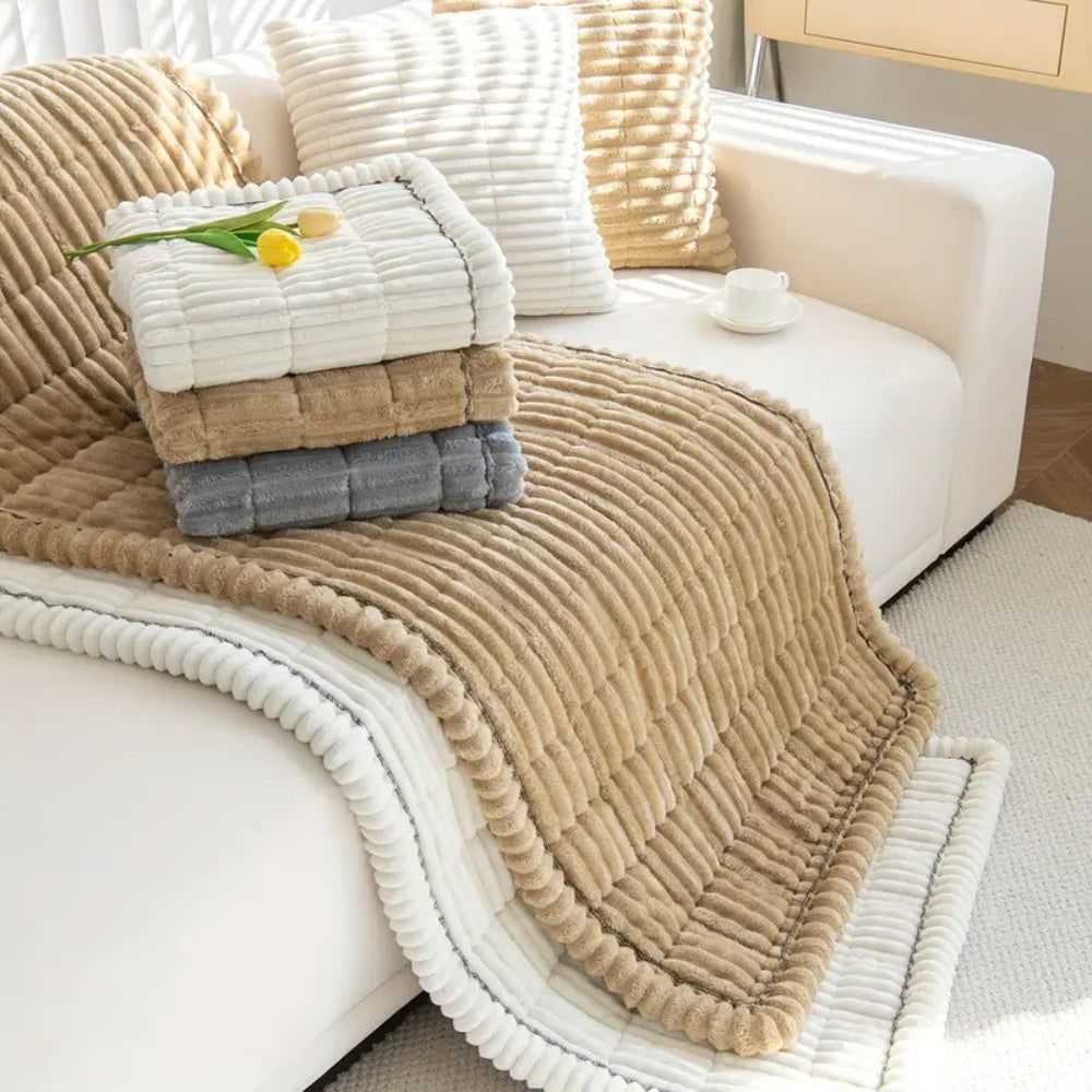 Plush Quilted Sofa Cushion Cover with Non-Slip Backing and Pleated Edges