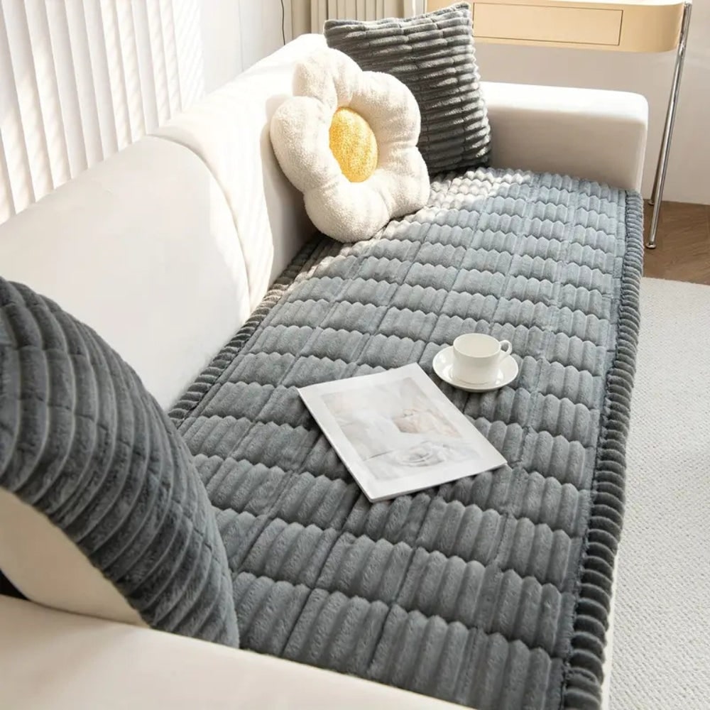Plush Quilted Sofa Cushion Cover with Non-Slip Backing and Pleated Edges