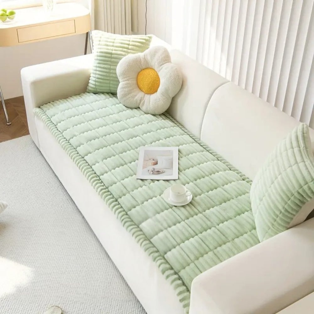 Plush Quilted Sofa Cushion Cover with Non-Slip Backing and Pleated Edges