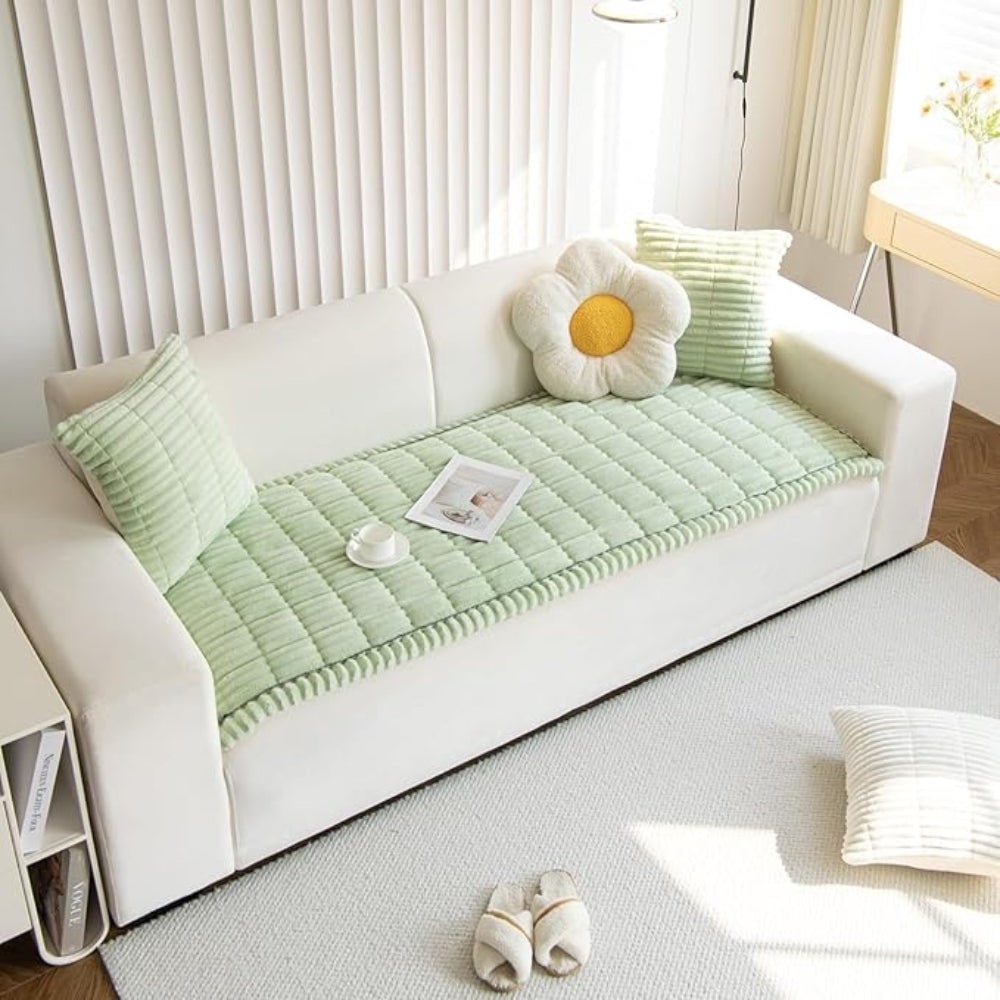 Plush Quilted Sofa Cushion Cover with Non-Slip Backing and Pleated Edges