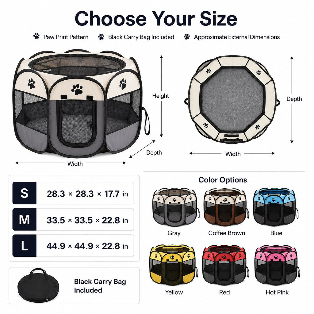 Portable Foldable Dog & Cat Playpen for Home, Travel & Camping - Breathable Space-Saving Pet Pen with Carry Bag