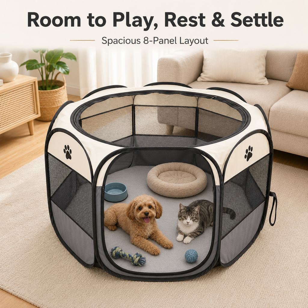 Portable Foldable Dog & Cat Playpen for Home, Travel & Camping - Breathable Space-Saving Pet Pen with Carry Bag