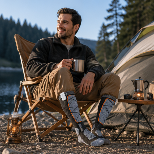 Thermal socks heated electrically with a rechargeable battery and USB charging, heated