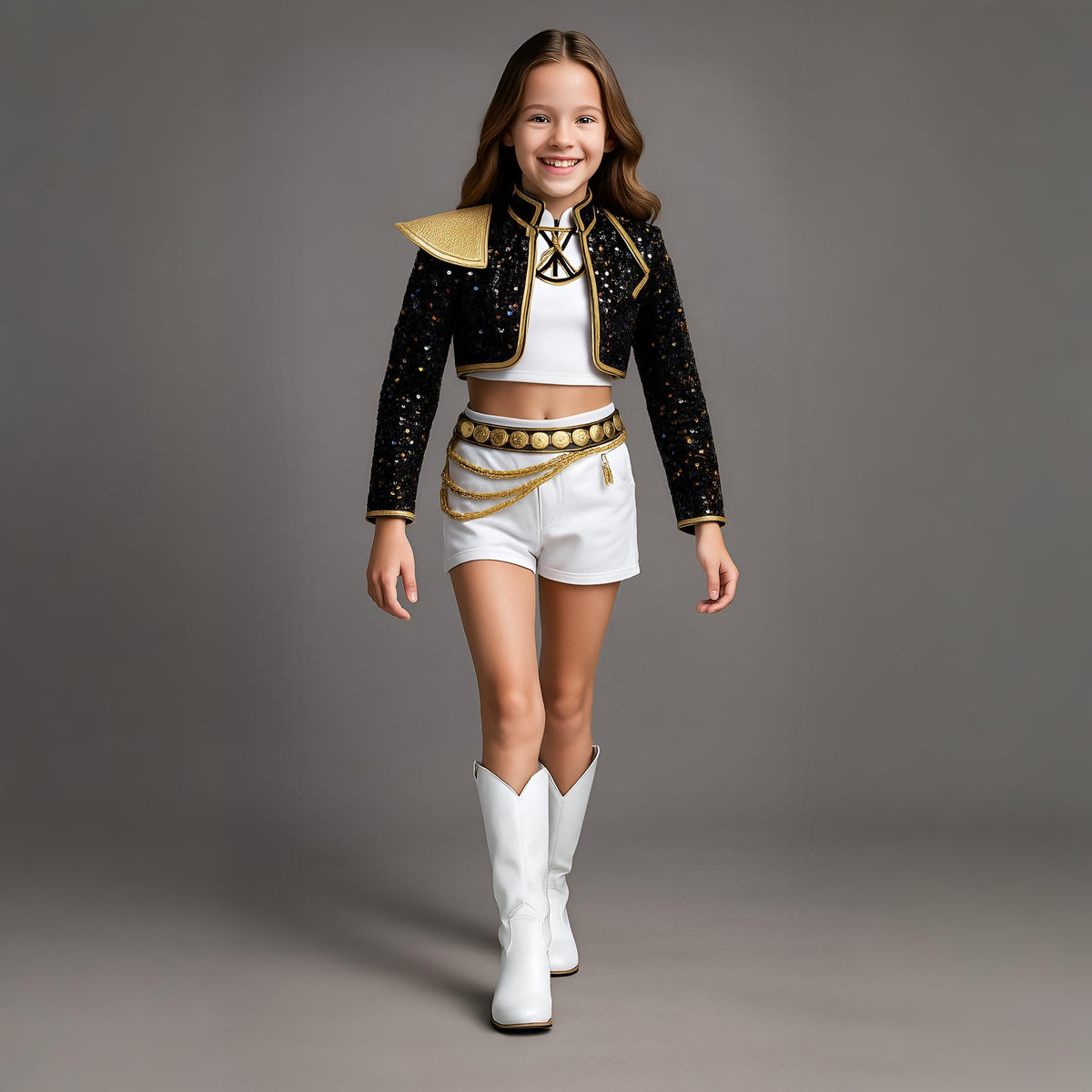 Carnival costume for a girl with a sequined jacket and carnival shorts