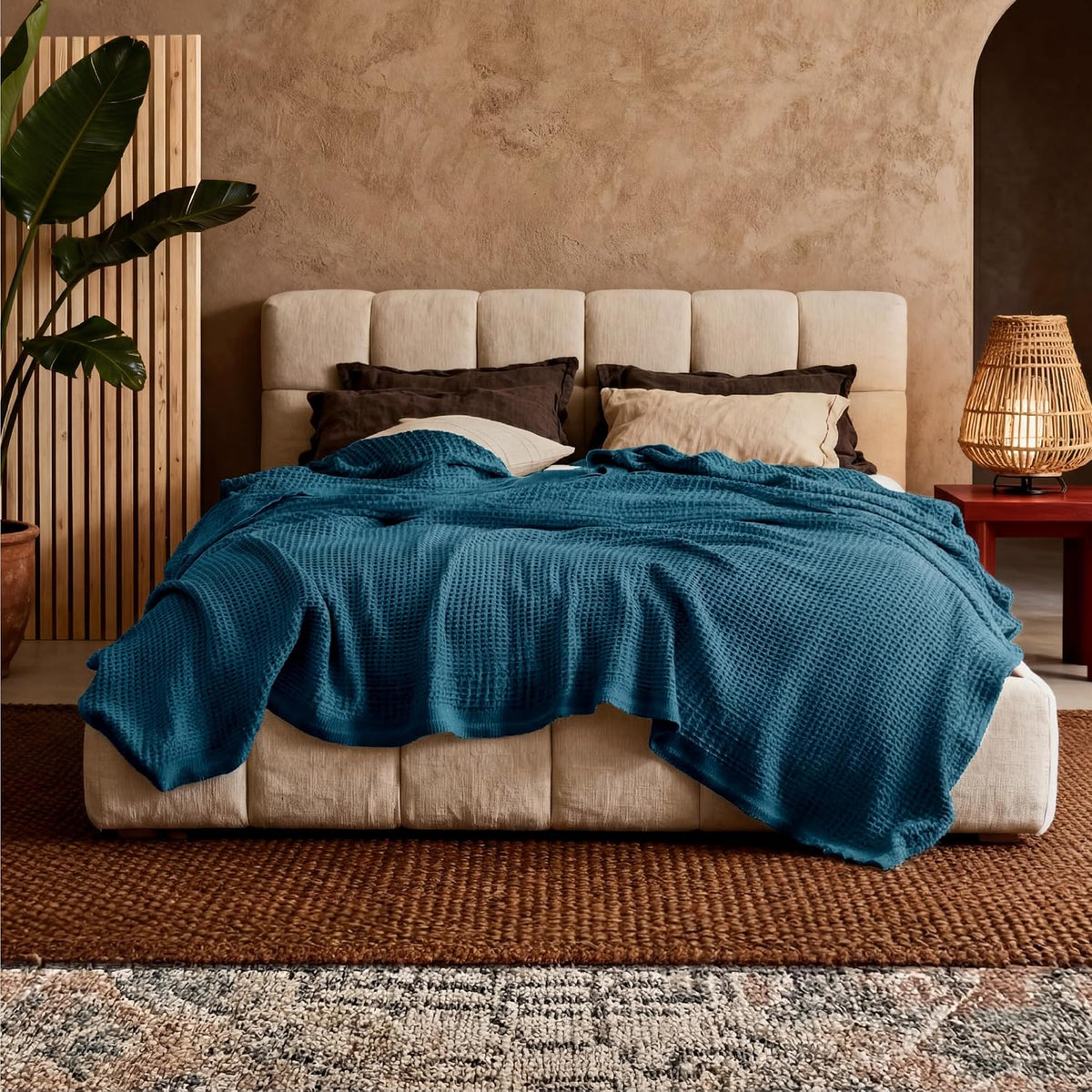 Riafu – 100% Cotton Queen Blanket with Cooling Waffle Weave | Soft & Breathable for Summer Comfort