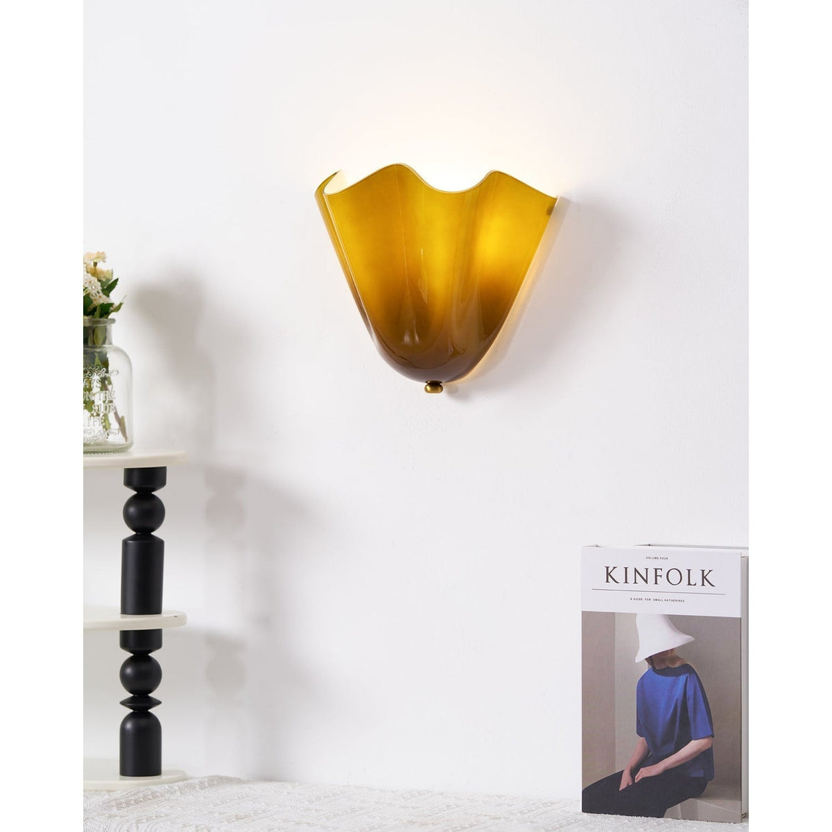 Wall Sconce Lighting with Wavy Glass Handkerchief Shade and Brass Finial