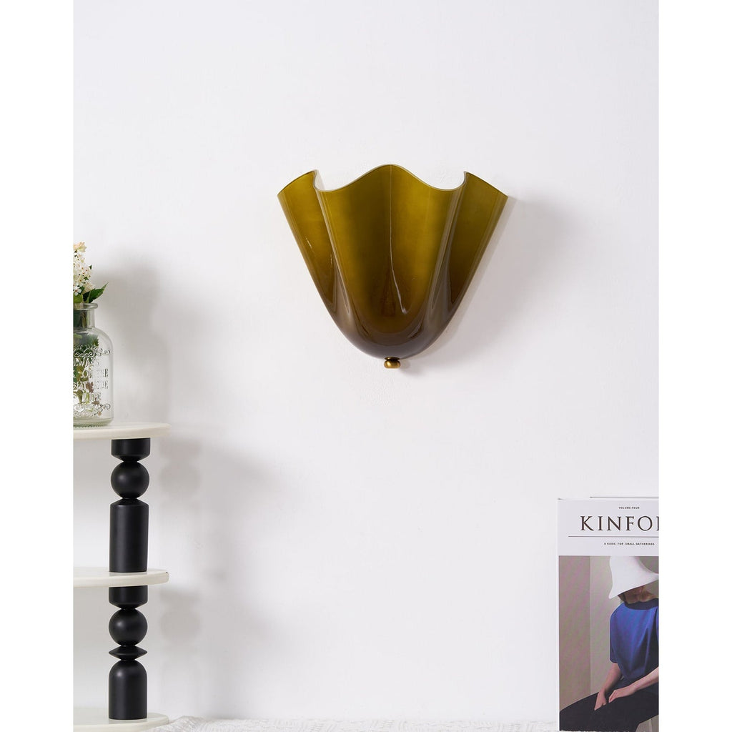 Wall Sconce Lighting with Wavy Glass Handkerchief Shade and Brass Finial