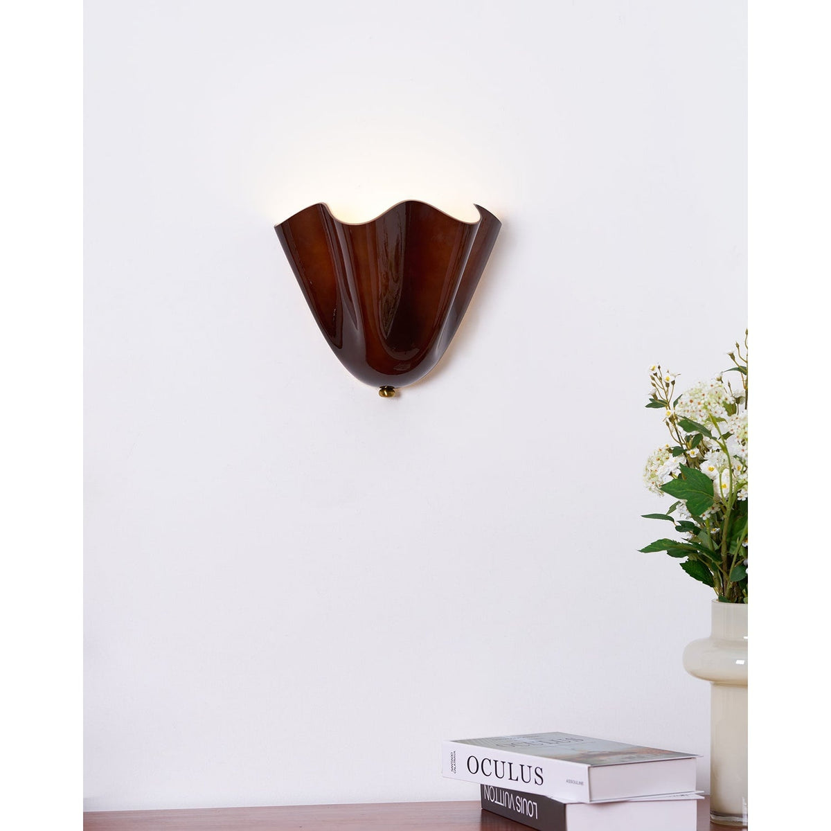 Wall Sconce Lighting with Wavy Glass Handkerchief Shade and Brass Finial