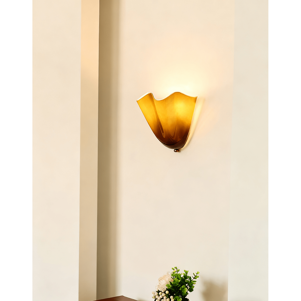 Wall Sconce Lighting with Wavy Glass Handkerchief Shade and Brass Finial