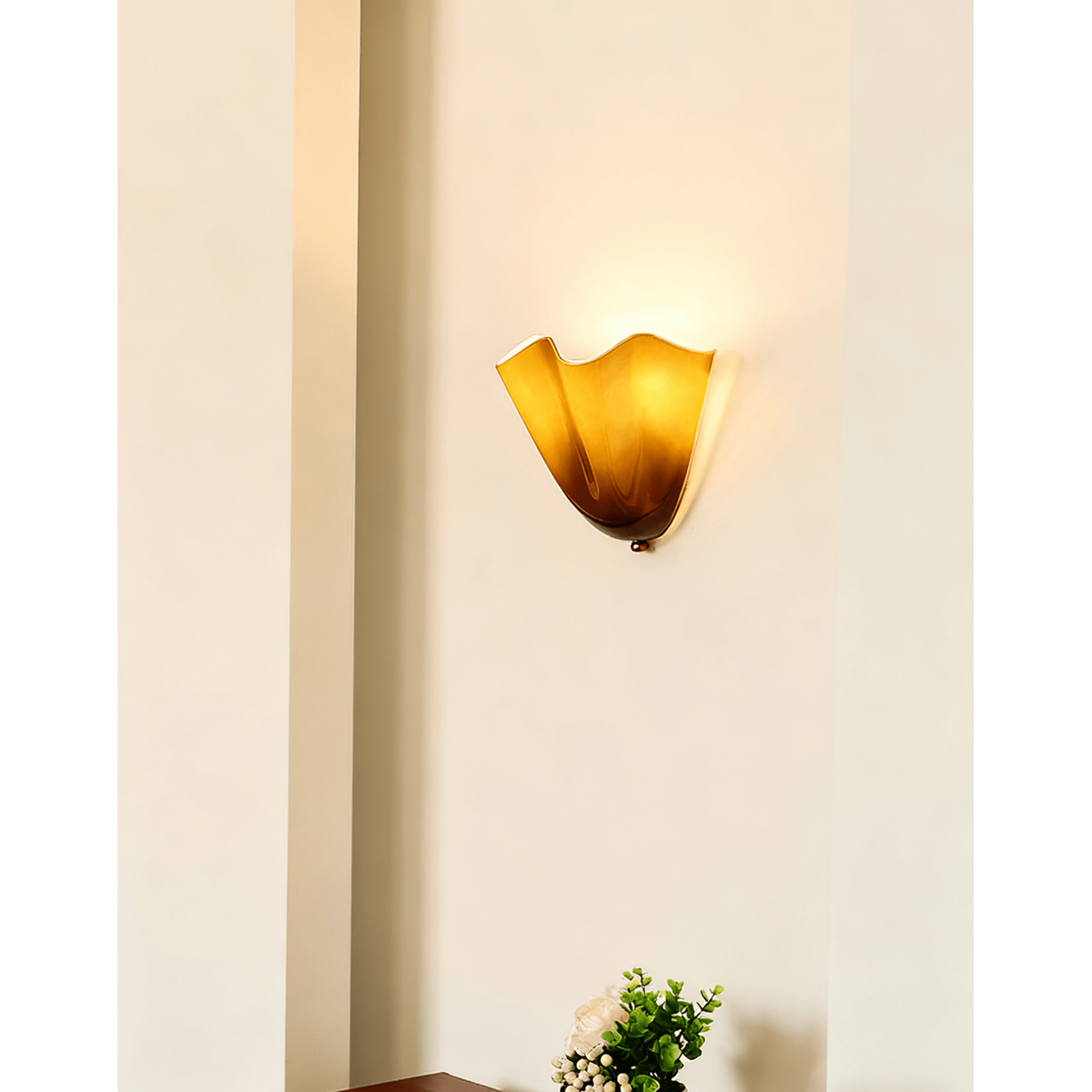 Wall Sconce Lighting with Wavy Glass Handkerchief Shade and Brass Finial