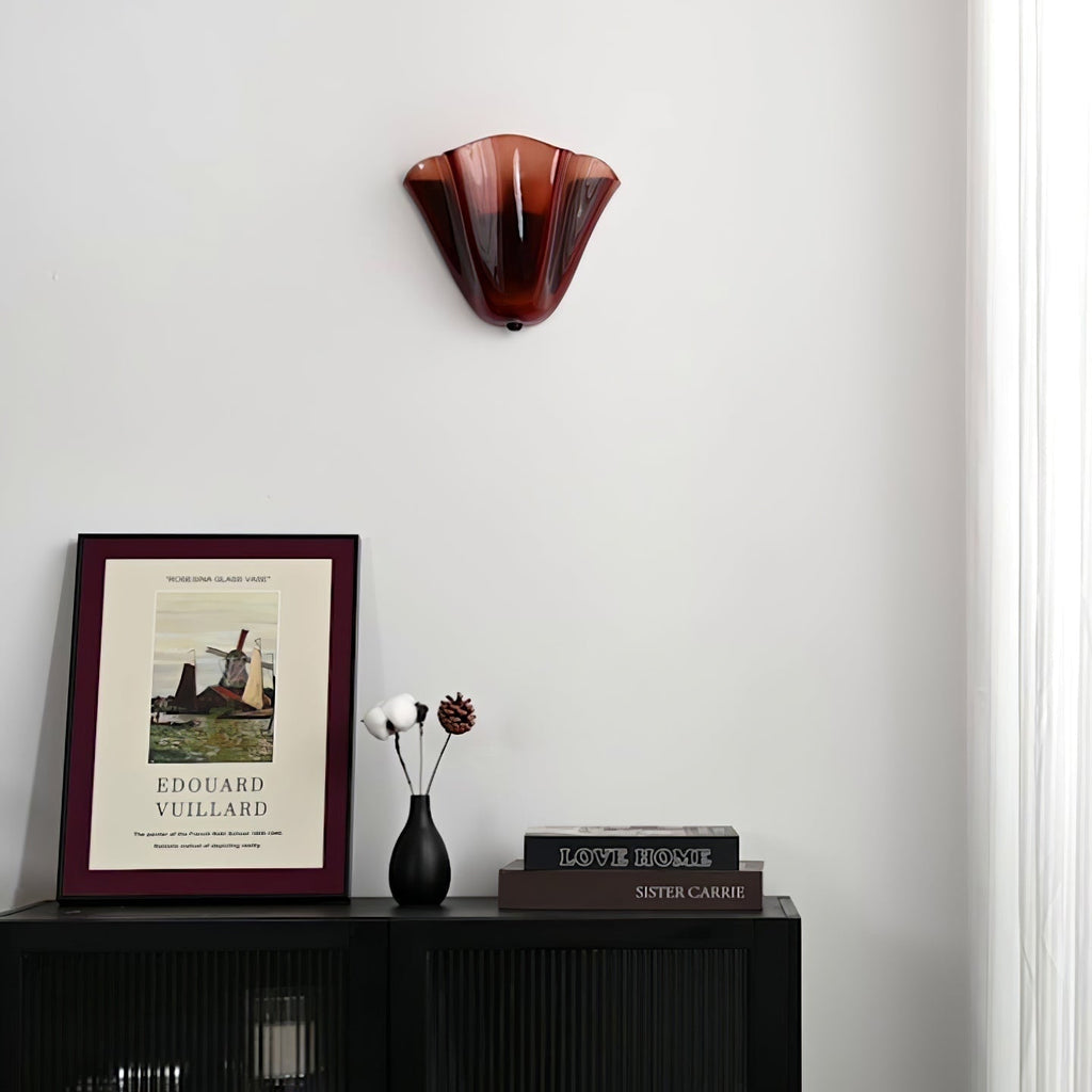 Wall Sconce Lighting with Wavy Glass Handkerchief Shade and Brass Finial