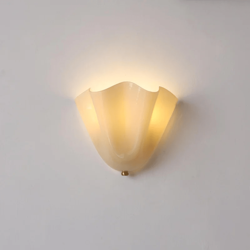 Wall Sconce Lighting with Wavy Glass Handkerchief Shade and Brass Finial