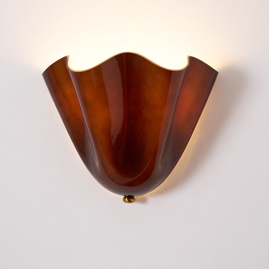Wall Sconce Lighting with Wavy Glass Handkerchief Shade and Brass Finial