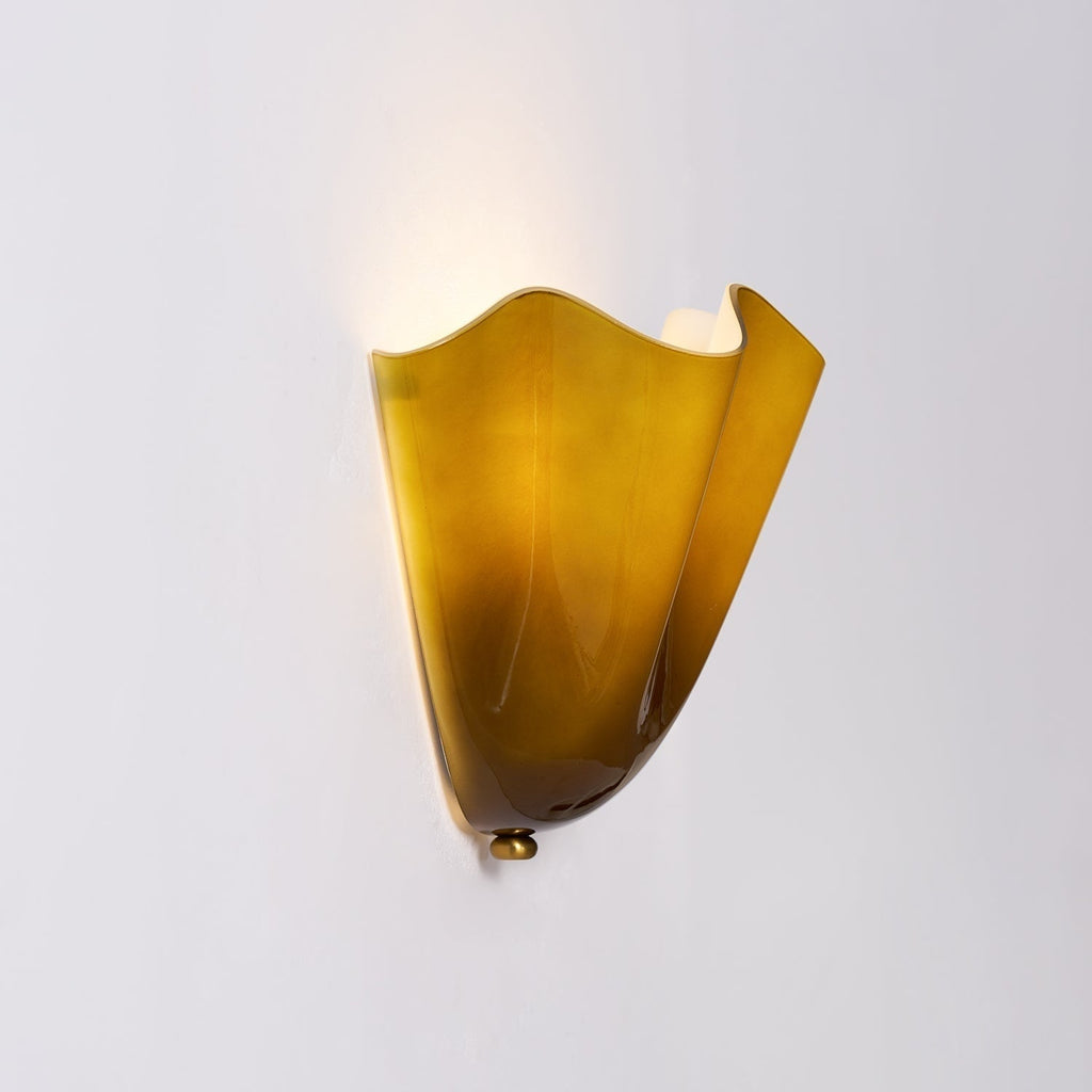 Wall Sconce Lighting with Wavy Glass Handkerchief Shade and Brass Finial