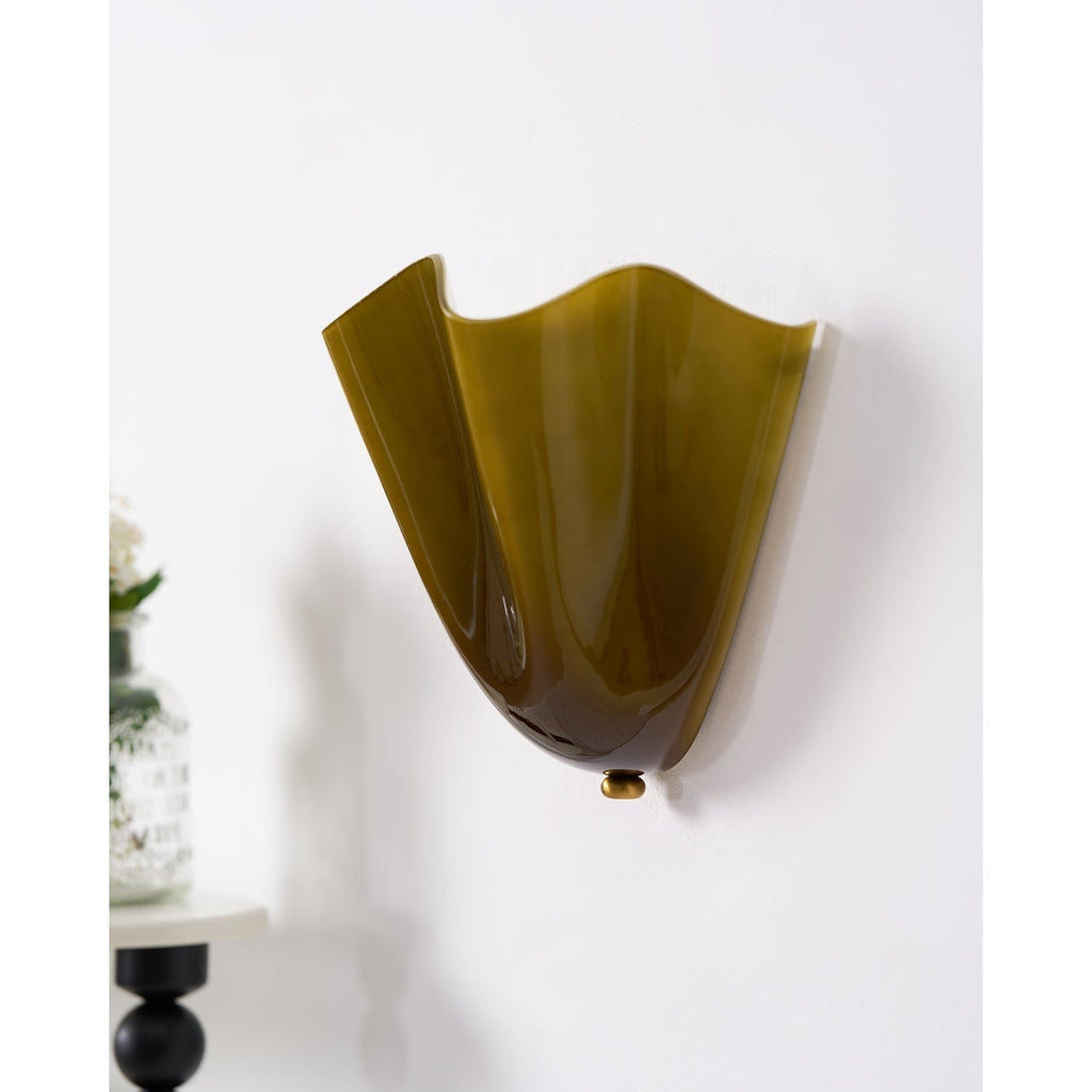 Wall Sconce Lighting with Wavy Glass Handkerchief Shade and Brass Finial