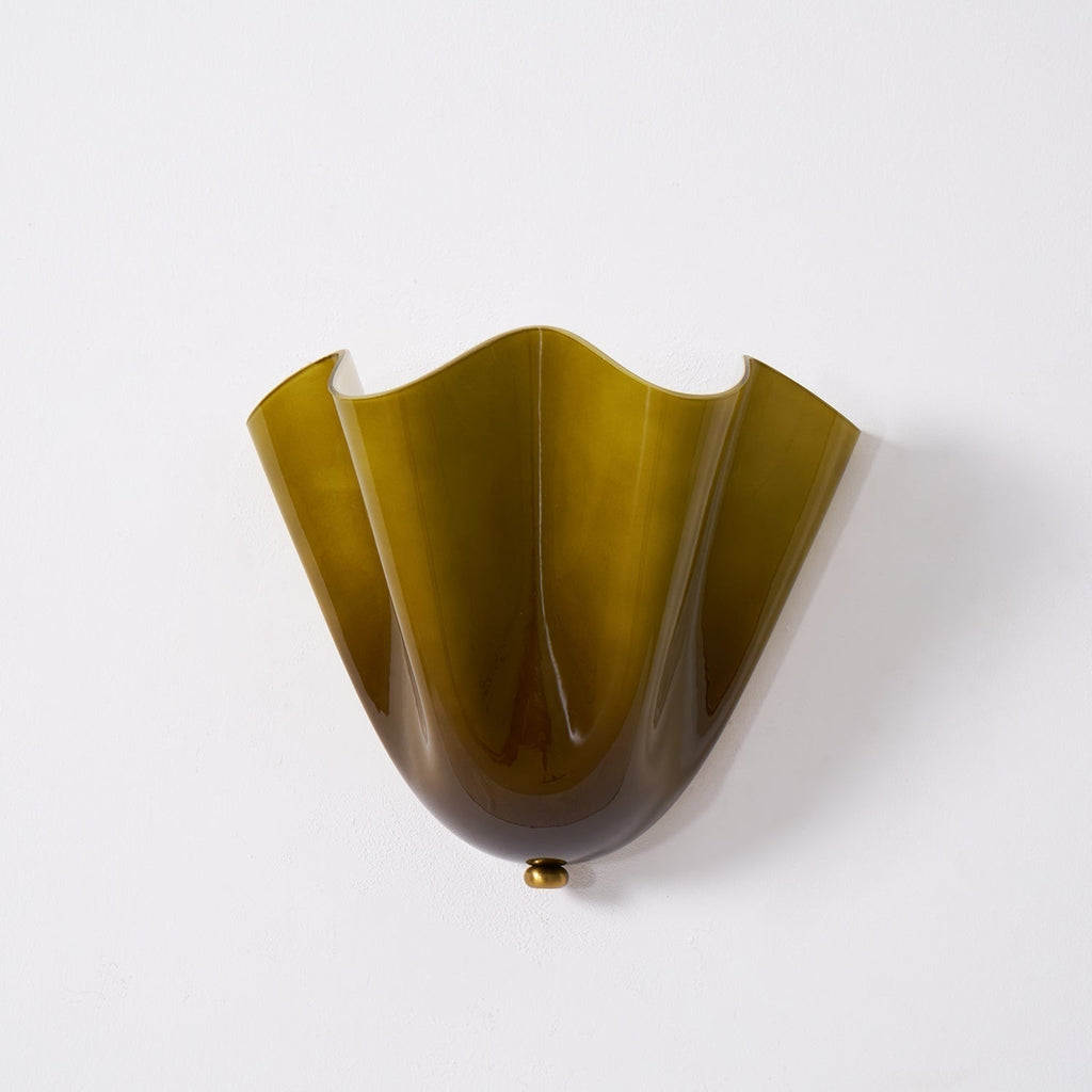 Wall Sconce Lighting with Wavy Glass Handkerchief Shade and Brass Finial